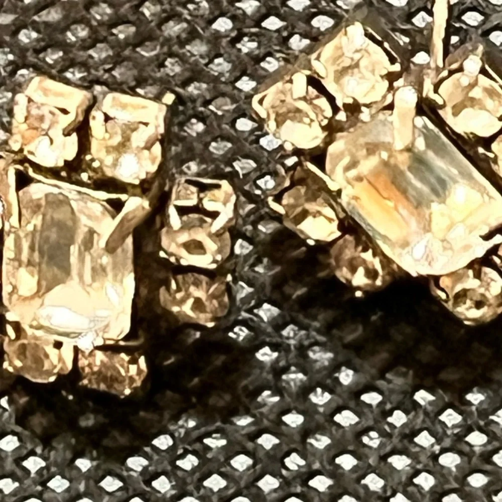 Vintage Clear Crystal Emerald Cut Rhinestone Pierced Stud Earrings MCM Retro